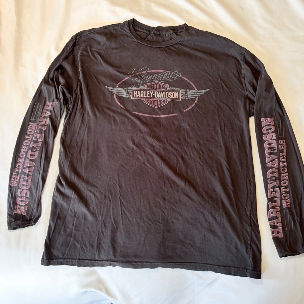 Harley-Davidson Mens Long Sleeve Graphic T-Shirt Faded Black Distressed XL